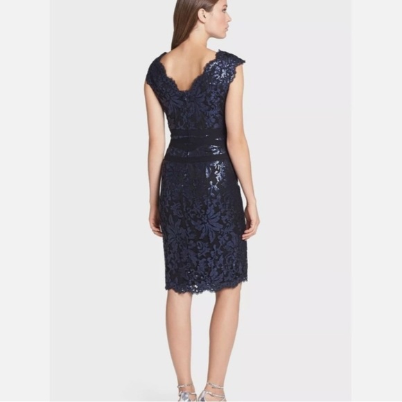 Tadashi Shoji Sequin Lace Banded Navy Black Sheath Cocktail Dress Whimsigoth - Picture 5 of 12